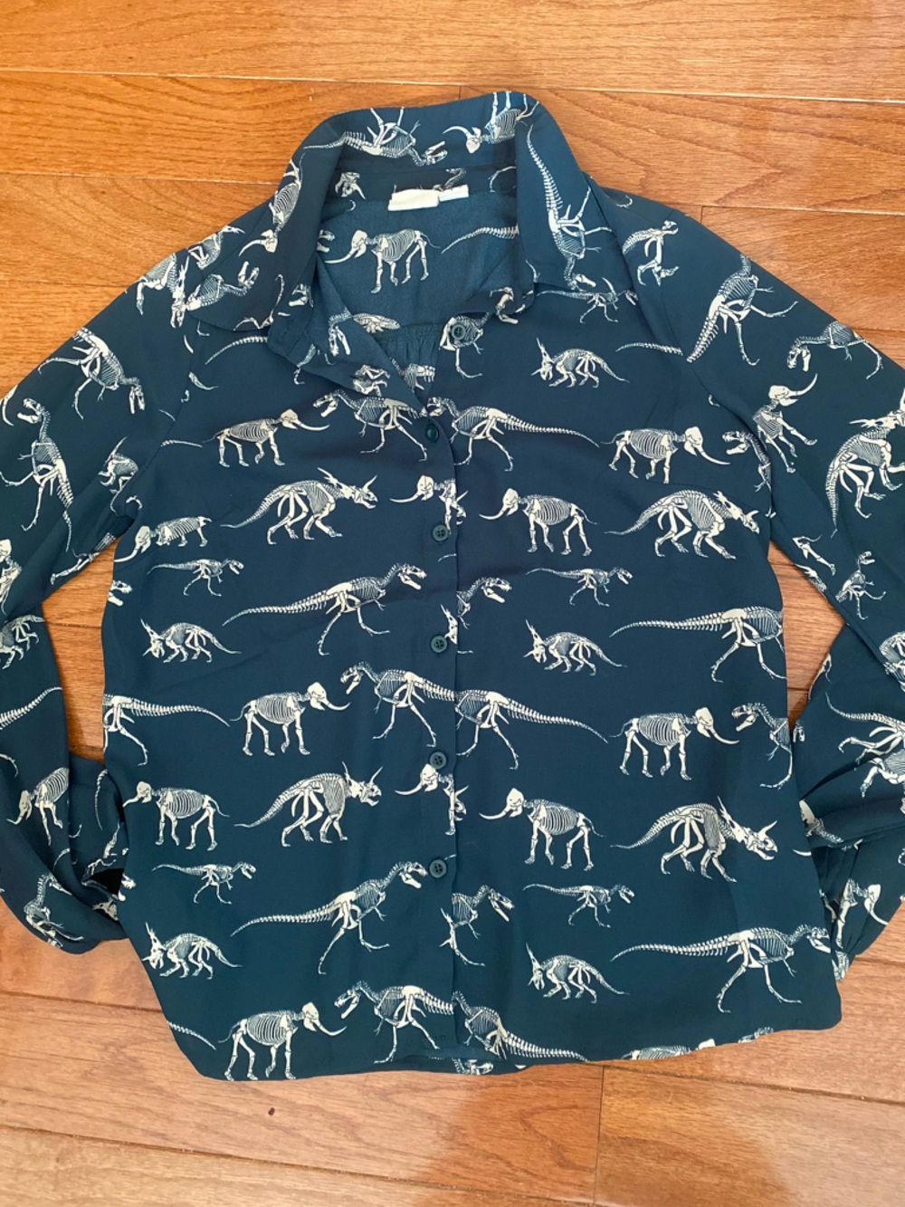 Joanie Dinosaur Skeleton Print Blouse Green Button Front Top UK 8 US 4 - Picture 9 of 12